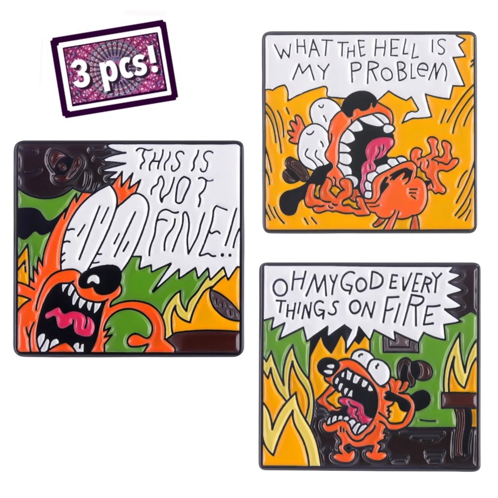 Set of 3 Catastrophe Dogs Enamel Pins Not Fine Anxiety Cartoon Meme Funny Gifts